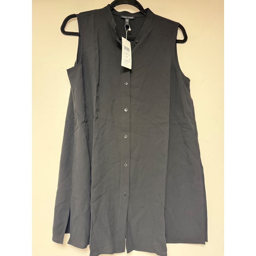 Eileen Fisher Black Silk Stand Collar Sleeveless Shirt Dress Tunic S P